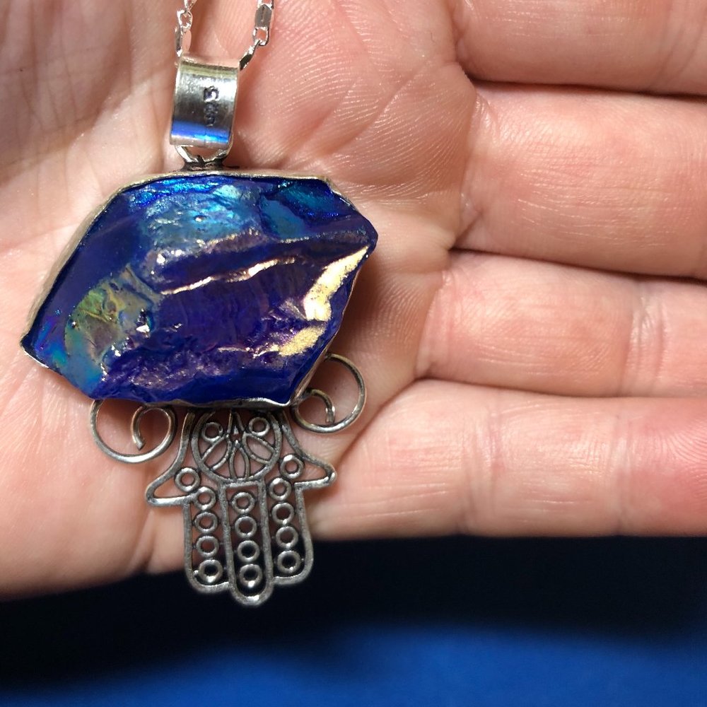 Hamsa hand made of Titanium Druzy 925 Stamped Sterling Silver plated Necklace.